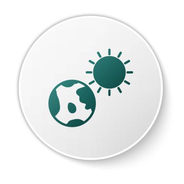 Yeşil Dünya küresi ve güneş ikonu beyaz arkaplanda izole edilmiş. Dünya ya da Dünya işareti. Küresel internet sembolü. Geometrik şekiller. Beyaz daire düğmesi. Vektör İllüstrasyonu