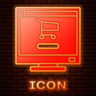 Ekran ekranında parlayan neon alışveriş arabası tuğla duvar arkasında izole edilmiş bir bilgisayar simgesi. Konsept e-ticaret, e-ticaret, online iş pazarlama. Vektör İllüstrasyonu