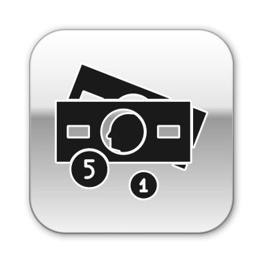 Siyah Yığınlar kağıt para para ikonu beyaz arka planda izole. Para desteleri. Para birimi. Gümüş kare düğme. Vektör İllüstrasyonu