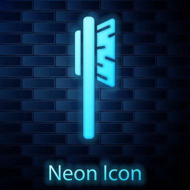 Parlayan neon rengi saç fırçası ikonu tuğla duvar arkasında izole edilmiş. Taraklı saç işareti. Berber sembolü. Vektör İllüstrasyonu