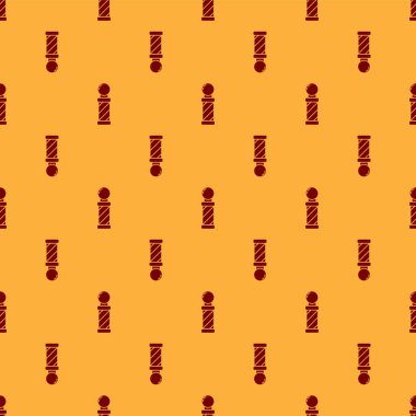 Kırmızı klasik berber dükkânı ikonu kahverengi arka planda izole edilmiş pürüzsüz desen. Berber dükkanı direği sembolü. Vektör İllüstrasyonu