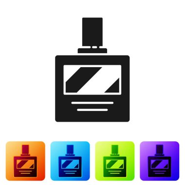 Beyaz arkaplanda siyah tıraş losyonu ikonu var. Parfüm spreyi ikonu. Erkek parfüm şişesi. Renkli kare düğmelerle simgeleri ayarla. Vektör İllüstrasyonu
