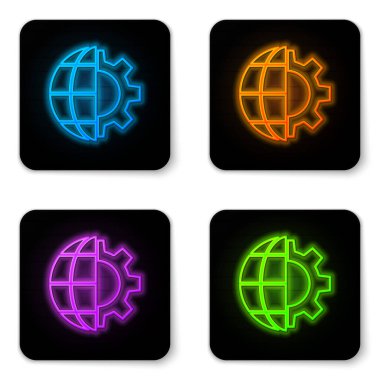 Dünya 'nın parlayan neon küresi beyaz arka planda izole edilmiş dişli ya da dişli simgesi. Parametreler ayarlanıyor. Global Seçenekler. Siyah kare düğme. Vektör İllüstrasyonu
