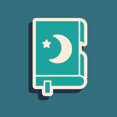 Yeşil Kuran 'ın kutsal kitabı, yeşil arka planda izole edilmiş. Müslüman bayramı, Kurban Bayramı, Kurban Bayramı, Ramazan Kareem. Uzun gölge tarzı. Vektör İllüstrasyonu