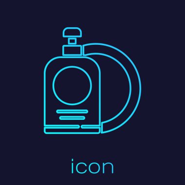 Turkuaz hat, bulaşık deterjanı şişesi ve tabak ikonu mavi arka planda izole edilmiş. Bulaşık yıkamak için sıvı deterjan. Vektör İllüstrasyonu