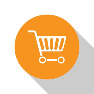Beyaz alışveriş arabası simgesi beyaz arkaplanda izole edilmiş. İnternetten satın alma konsepti. Servis tabelası. Süpermarket sepeti sembolü. Turuncu daire düğmesi. Vektör İllüstrasyonu