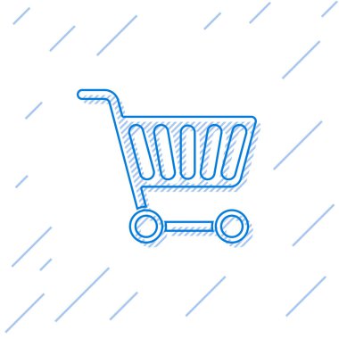 Mavi çizgi alışveriş arabası simgesi beyaz arkaplanda izole edildi. İnternetten satın alma konsepti. Servis tabelası. Süpermarket sepeti sembolü. Vektör İllüstrasyonu