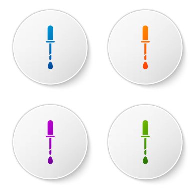 Renkli Pipette simgesi beyaz arkaplanda izole edildi. Tıbbi elementler, kimya laboratuarı ekipmanları. Damlalı boru. Tıp sembolü. Simgeleri daire düğmelerine ayır. Vektör İllüstrasyonu