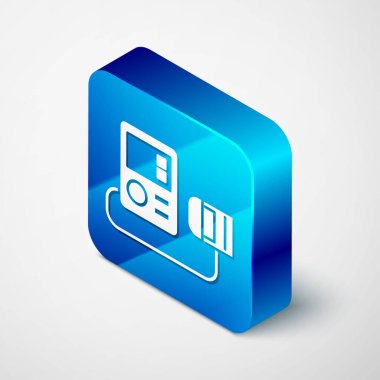 Gri arkaplanda Isometric Tansiyon ikonu izole edildi. Mavi kare düğme. Vektör İllüstrasyonu