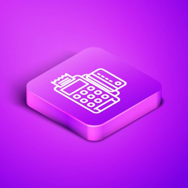 Isometric hattı POS terminali, eklenen kredi kartı ve basılı alıcı simgesi ile mor arka planda izole edildi. NFC ödeme konsepti. Mor kare düğme. Vektör İllüstrasyonu