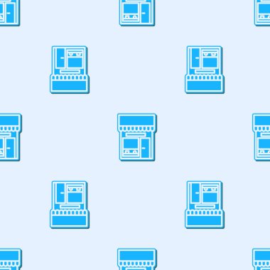 Mavi çizgi alışveriş binası ya da market simgesi gri arka planda izole edilmiş pürüzsüz desen. Dükkan inşaatı. Vektör İllüstrasyonu