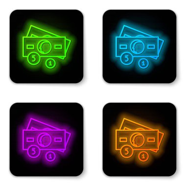 Parlak neon hattı kağıt yığınları para ikonu beyaz arka planda izole. Para desteleri. Para birimi. Siyah kare düğme. Vektör İllüstrasyonu