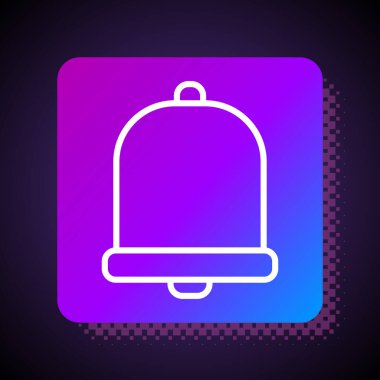 Beyaz çizgi kilise çanı simgesi siyah arkaplanda izole edilmiş. Alarm sembolü, servis zili, el zili işareti, uyarı sembolü. Kare renk düğmesi. Vektör İllüstrasyonu