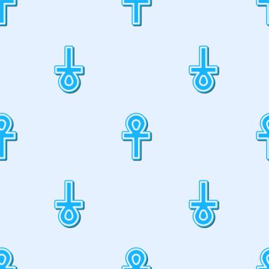 Mavi çizgi çapraz ankh simgesi gri arkaplanda izole edilmiş kusursuz desen. Vektör İllüstrasyonu