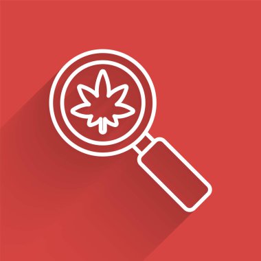 Beyaz çizgi büyüteç ve tıbbi marihuana ya da uzun gölgeli kenevir yaprağı ikonu. Kenevir sembolü. Vektör İllüstrasyonu