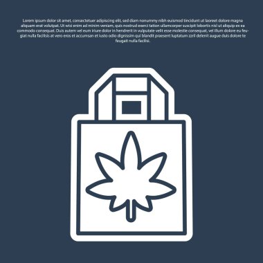 Mavi çizgili alışveriş torbası mavi arka planda izole edilmiş tıbbi marihuana veya kenevir yaprağı ikonu. Kenevir almak. Kenevir sembolü. Vektör İllüstrasyonu