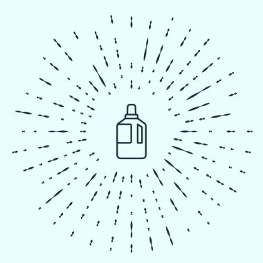 Gri arkaplanda siyah çizgi kumaş yumuşatıcı simgesi izole edildi. Sıvı çamaşır deterjanı, saç kremi, temizlik maddesi, çamaşır suyu. Soyut çember rastgele noktalar. Vektör İllüstrasyonu