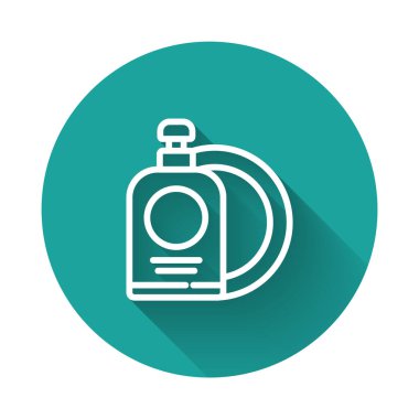 Beyaz çizgi, bulaşık deterjanı şişesi ve uzun gölgeli bir tabak ikonu. Bulaşık yıkamak için sıvı deterjan. Yeşil daire düğmesi. Vektör İllüstrasyonu