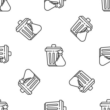 Gri çizgi çöp tenekesi ve çöp torbası ikonu beyaz arka planda izole edilmiş pürüzsüz desen. Çöp kutusu tabelası. Sepet simgesini geri dönüştür. Ofis çöpü ikonu. Vektör İllüstrasyonu