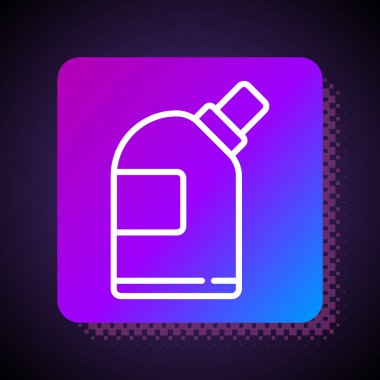 Çamaşır deterjanı, çamaşır suyu, bulaşık deterjanı ya da siyah arka planda izole edilmiş başka bir temizlik maddesi ikonu için beyaz çizgi plastik şişeler. Kare renk düğmesi. Vektör İllüstrasyonu