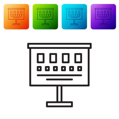 Siyah çizgi göz testi simgesi beyaz arkaplanda izole edildi. Optalmik çalışmada görme testi için bir poster. Snellen çizelgesi. Renkli kare düğmelerle simgeleri ayarla. Vektör İllüstrasyonu