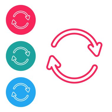 Kırmızı çizgi Refresh simgesi beyaz arkaplanda izole edildi. Sembolü yeniden yükle. Döndürme okları daire işareti şeklinde. Simgeleri daire düğmelerine ayır. Vektör İllüstrasyonu