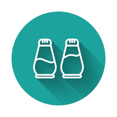 Beyaz çizgi, uzun gölgeli tuz ve biber ikonu. Yemek pişirme baharatları. Yeşil daire düğmesi. Vektör İllüstrasyonu