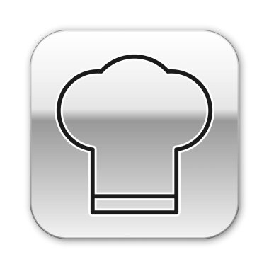 Siyah çizgi Şefi şapkası simgesi beyaz arkaplanda izole edildi. Aşçılık sembolü. Aşçı şapkası. Gümüş kare düğme. Vektör İllüstrasyonu