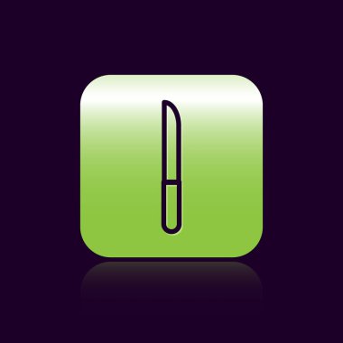 Black line Knife icon isolated on black background. Cutlery symbol. Green square button. Vector Illustration