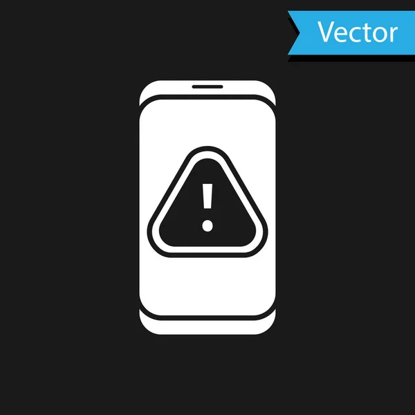 Weißes Handy Mit Ausrufezeichen Symbol Isoliert Auf Schwarzem Hintergrund Alarmmeldung — Stockvektor