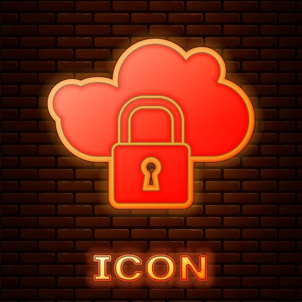 Gloeiende Neon Cloud Computing Lock Pictogram Geïsoleerd Baksteen Muur Achtergrond — Stockvector
