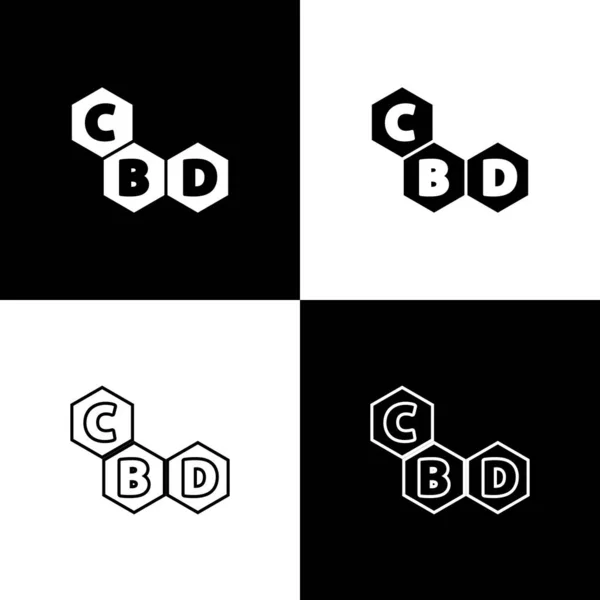 黒と白の背景に分離されたカンナビス分子アイコンを設定します カンナビジオール分子構造 ThcおよびCbd式 マリファナのサインだ ベクターイラスト — ストックベクタ