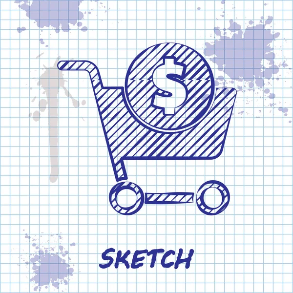 Sketch Line Shopping Cart Dollar Symbol Icon Isolated White Background — Stock Vector