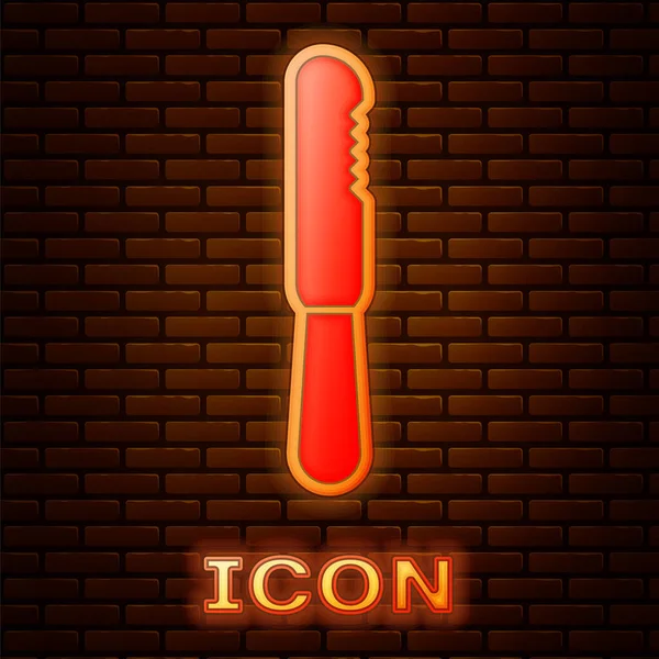 Glowing Neon Disposable Plastic Knife Icon Isolated Brick Wall Background — 스톡 벡터