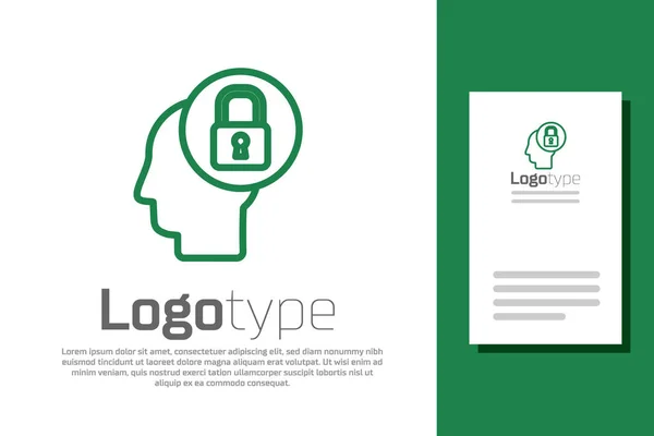 緑色の線白い背景にロックアイコンを持つ人間の頭 ロゴデザインテンプレート要素 ベクターイラスト — ストックベクタ