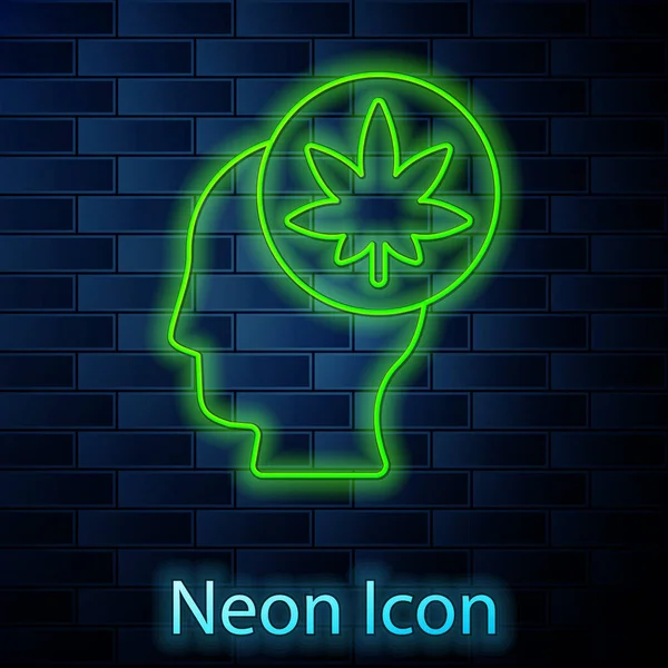 Linea Neon Incandescente Testa Maschile Profilo Con Icona Marijuana Foglie — Vettoriale Stock