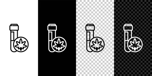 在黑白相间设置带大麻或大麻叶图标的线化学试管 研究概念 Cbd实验室的石油 病媒图解 — 图库矢量图片