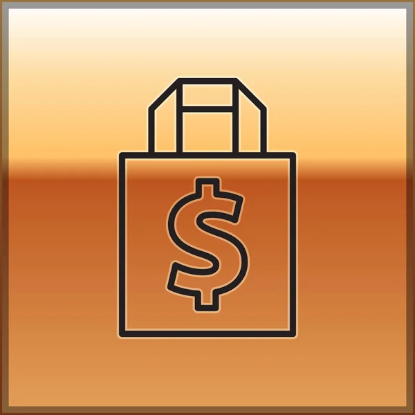 Svart Linje Shoping Väska Och Dollar Symbol Ikon Isolerad Guld — Stock vektor