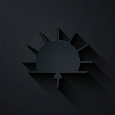 Kağıt kesiği Sunrise simgesi siyah arkaplanda izole edildi. Kağıt sanatı tarzı. Vektör İllüstrasyonu