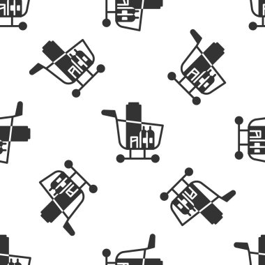 Gri alışveriş arabası ve yiyecek ikonu beyaz arka planda izole edilmiş kusursuz desen. Yiyecek dükkanı, süpermarket. Vektör İllüstrasyonu