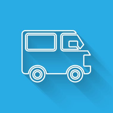 Beyaz çizgi kargo kamyonu ikonu uzun gölgeli izole edildi. Vektör İllüstrasyonu