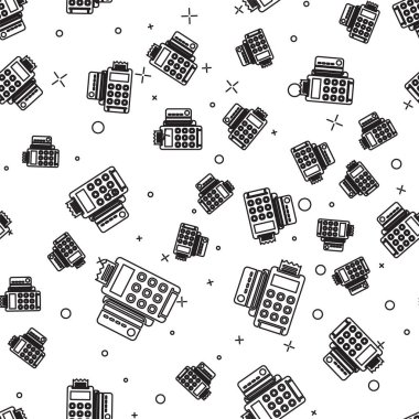 Siyah çizgi POS terminali, eklenmiş kredi kartı ve yazdırılmış alıcı simgesi beyaz arka planda izole edilmiş kusursuz desen. NFC ödeme konsepti. Vektör İllüstrasyonu