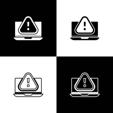 Siyah ve beyaz arkaplanda izole edilmiş ünlem simgesi ile dizüstü bilgisayarı ayarla. Uyarı mesajı akıllı telefon uyarısı. Vektör İllüstrasyonu