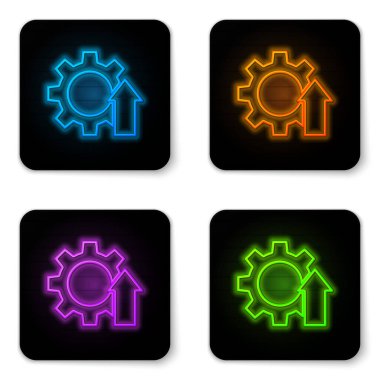 Parlayan Neon Arrow büyüme dişlisi iş simgesi beyaz arka planda izole edildi. Üretkenlik simgesi. Siyah kare düğme. Vektör İllüstrasyonu