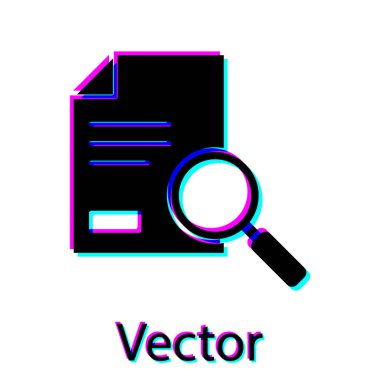 Beyaz arkaplanda arama simgesine sahip Siyah Belge. Dosya ve büyüteç simgesi. Analitik araştırma işareti. Vektör İllüstrasyonu