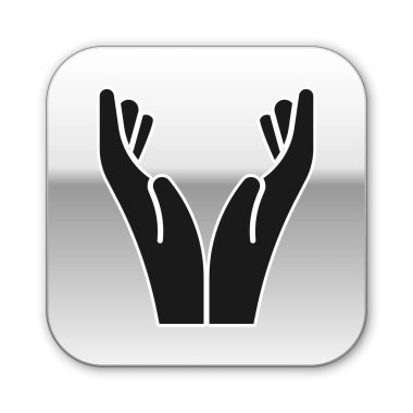 Siyah Eller dua pozisyonunda beyaz arka planda izole edilmiş bir simge. Tanrı 'ya inanç ve umutla dua edin. Gümüş kare düğme. Vektör İllüstrasyonu