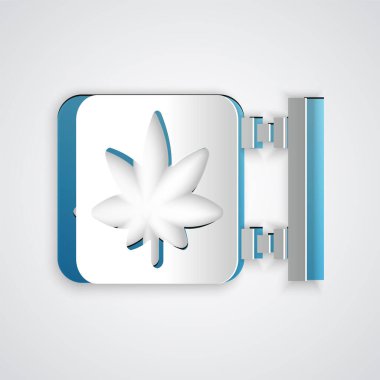 Kağıt kesiği Marijuana ve kenevir dükkanı ikonu gri arka planda izole edilmiş. Sigara içmek, tıbbi esrar depolamak için ekipman ve aksesuarlar. Kağıt sanatı tarzı. Vektör İllüstrasyonu