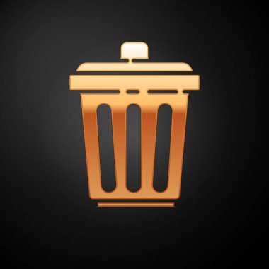 Siyah arkaplanda altın çöp kutusu simgesi izole edildi. Çöp kutusu tabelası. Sepet simgesini geri dönüştür. Ofis çöpü ikonu. Vektör İllüstrasyonu