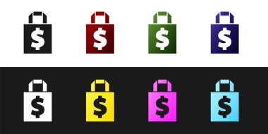 Siyah ve beyaz arkaplanda Shoping çanta ve dolar sembolü simgesini ayır. El çantası işareti. Kadın çanta ikonu. Kadın el çantası işareti. Vektör İllüstrasyonu