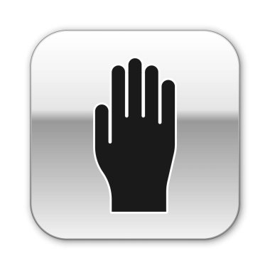 Siyah tıbbi lastik eldiven ikonu beyaz arka planda izole edilmiş. Koruyucu lastik eldivenler. Gümüş kare düğme. Vektör İllüstrasyonu